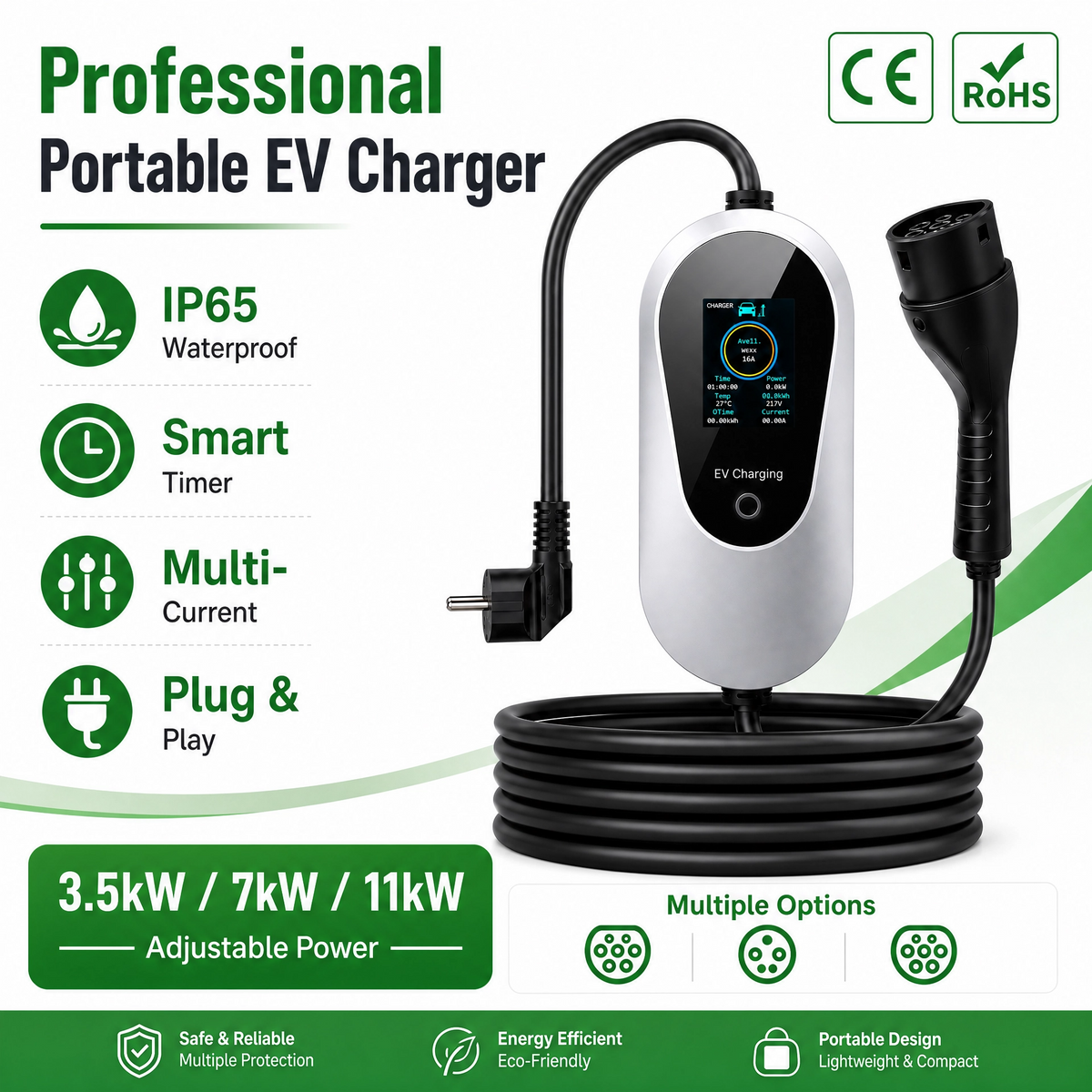 Borne de recharge portable Chargepro 7 kW Plug & Play - IP65, minuterie, multi-courant