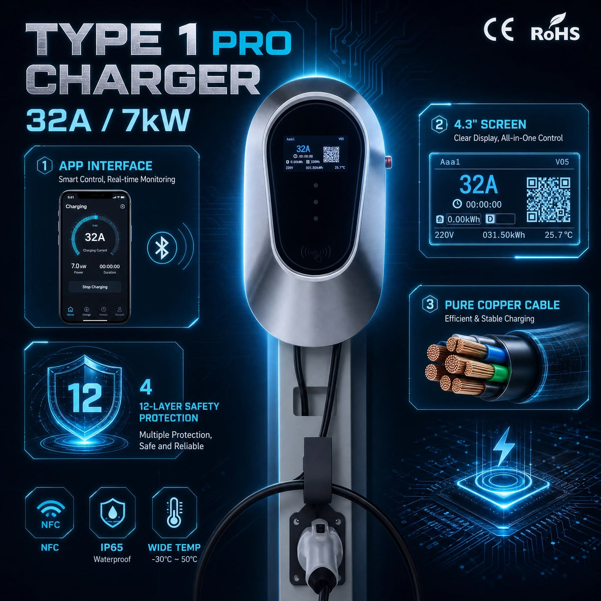 Type 1 Smart Series 32A 7kW - Blue